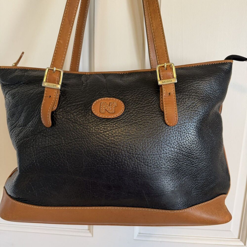 Vintage NINA RICCI Black Pebbled Leather Shoulder Bag Tote 1980s Cognac Trim